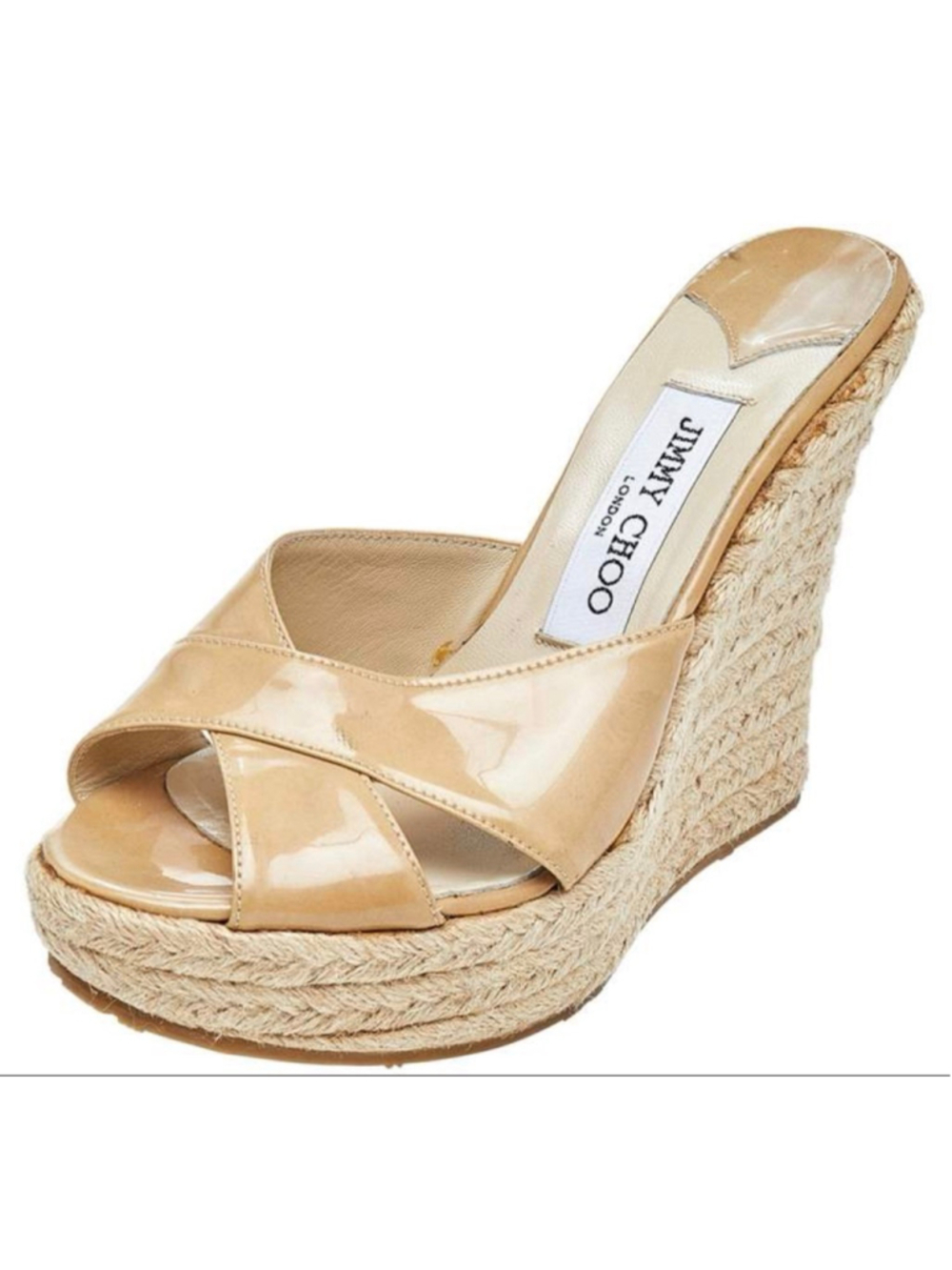 EUC Jimmy Choo Beige Patent Leather Espadrille Wedges Size 39/9 - Picture 2 of 6